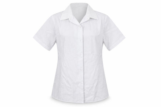 Front view of Marks & Spencer boys’ white polyester basic button-up, size 8-9, years collared button - school wear
