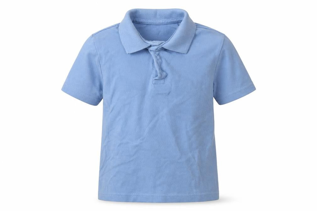 Front view of Matalan boys’ blue cotton basic polo, size 5, years collared button - school wear