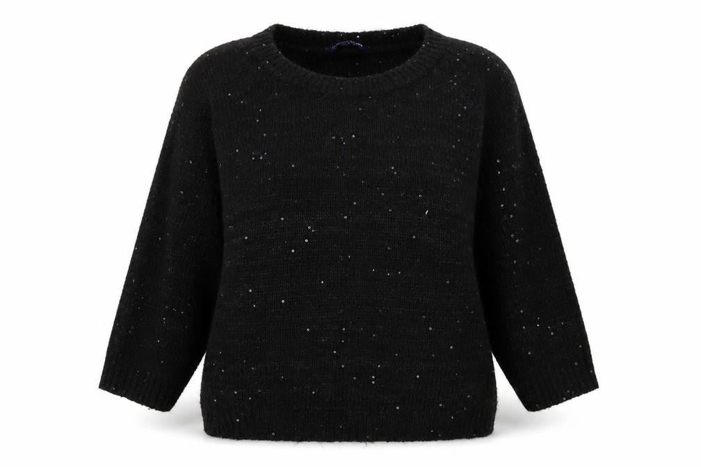 Front view of Store Twenty One women’s black acrylic pullover sweatshirt, size L, pullover - sequin detail