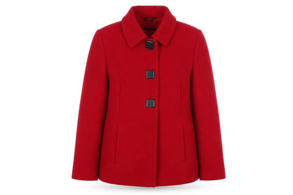 Front view of Bonmarché women’s red overcoat coat, size UK 14