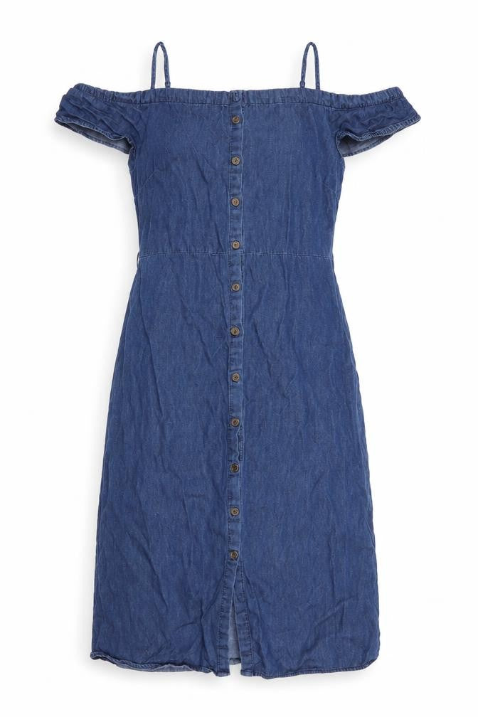 Front view of N ew Look women’s blue cotton a-line, size UK 8, boat neck button