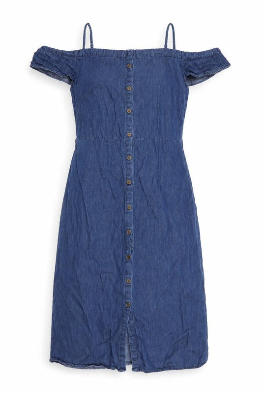 Front view of N ew Look women’s blue cotton a-line, size UK 8, boat neck button