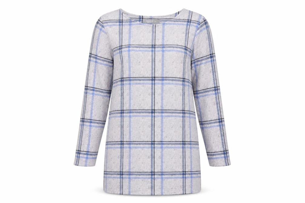 Front view of Nutmeg women’s blue crew neck check polyester jumper, size UK 10