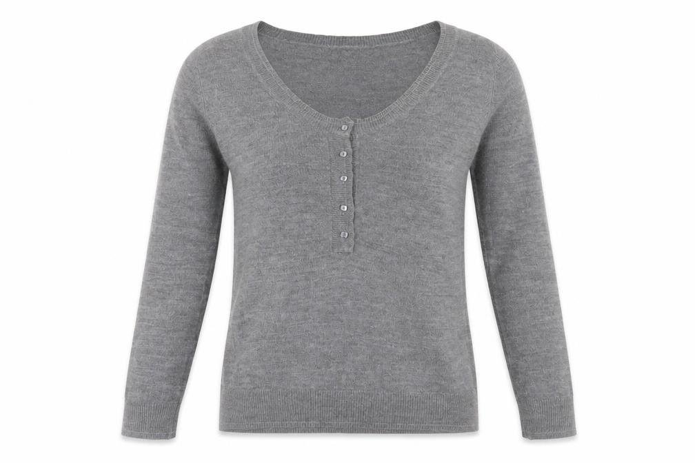 Front view of Marks & Spencer women’s grey round neck acrylic jumper, size UK 12