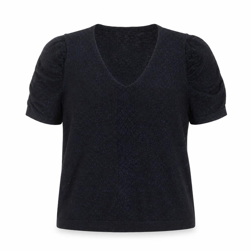 Front view of Next women’s blue v-neck viscose jumper, size UK 14, - glittery
