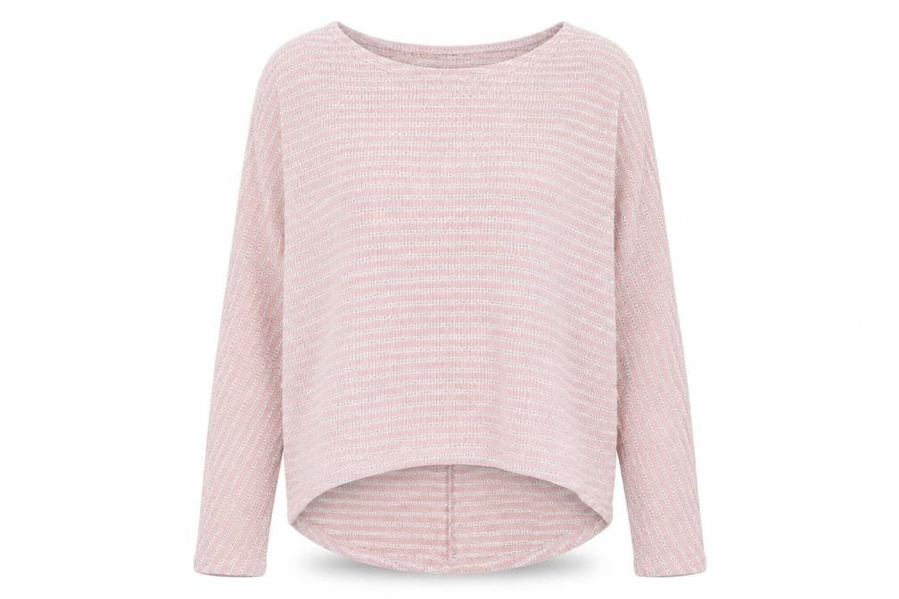 Front view of New Look women’s pink round neck striped polyester jumper, size M