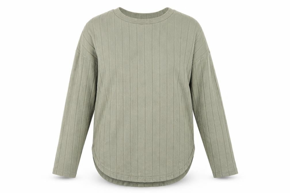 Front view of Primark women’s green round neck striped viscose jumper, size M