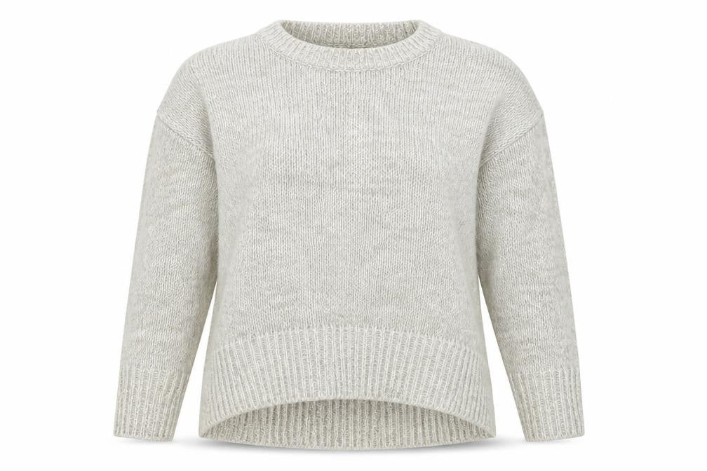 Front view of New Look women’s grey round neck acrylic jumper, size S