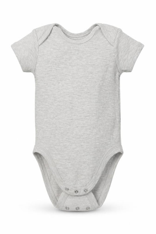 Front view of Pure Baby Baby Grey Cotton Babygrow One-Piece, size 12-18, Months Buckle