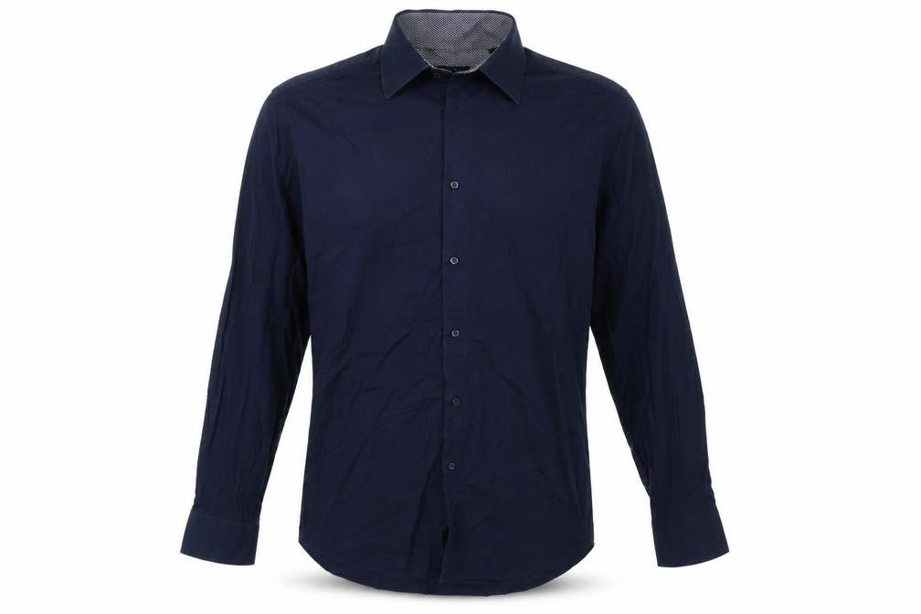 Front view of George men’s blue cotton button-up, size 17, collared button