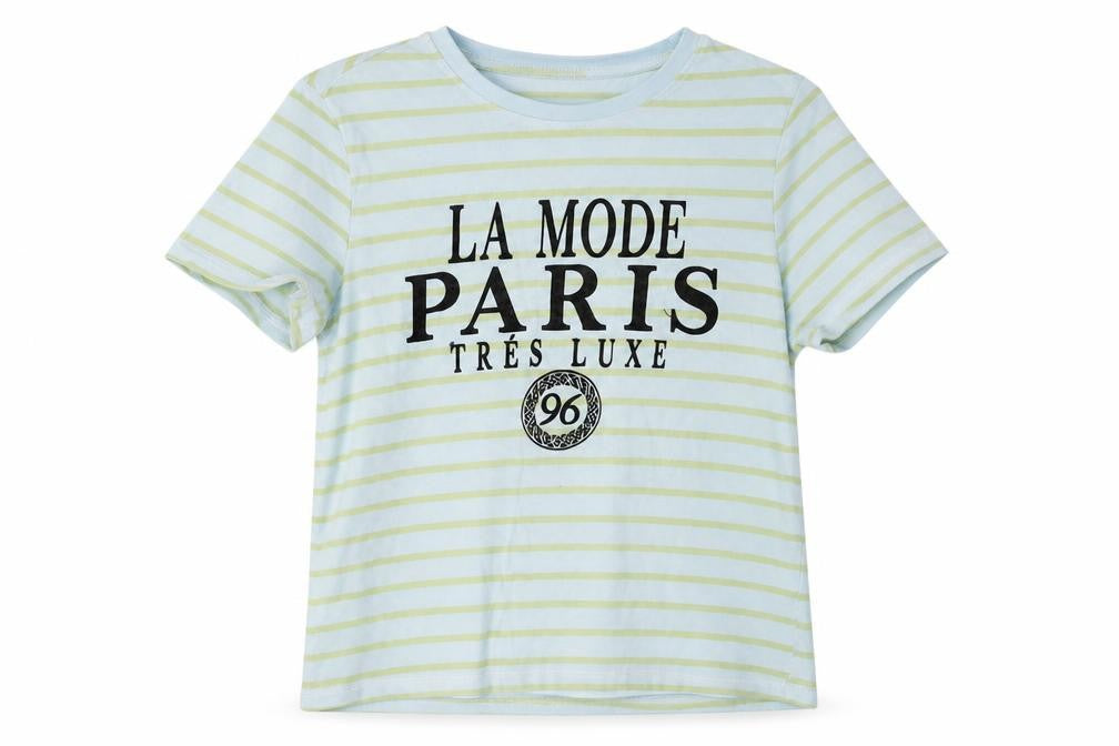 Front view of New Look women’s blue striped cotton basic t-shirt, size UK 6, crew neck - paris