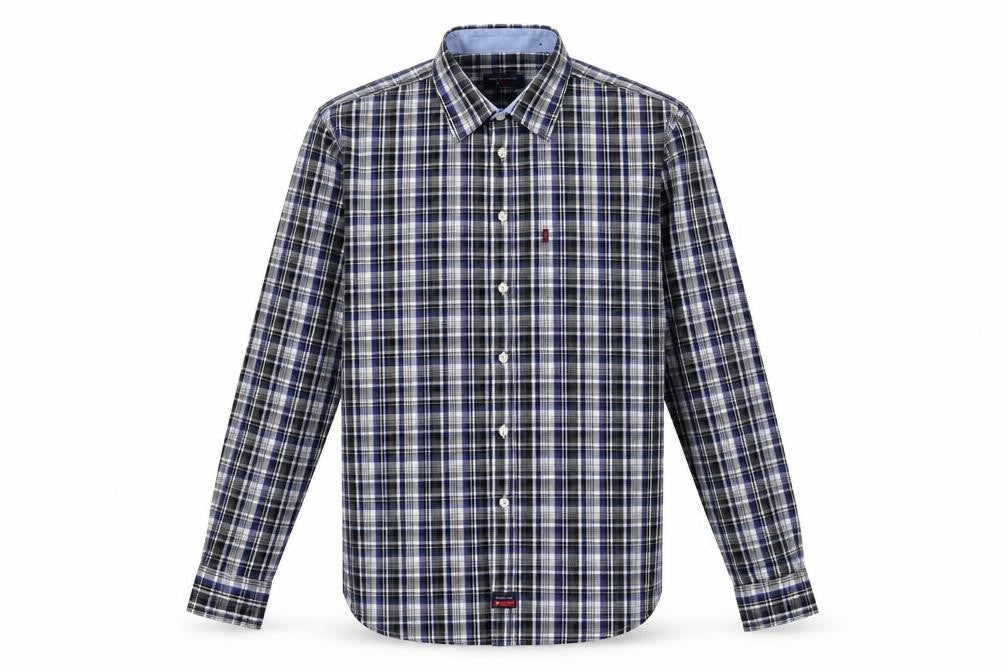 Front view of signal extra men’s black check cotton button-up, size L, collared button