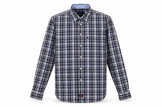 Front view of signal extra men’s black check cotton button-up, size L, collared button