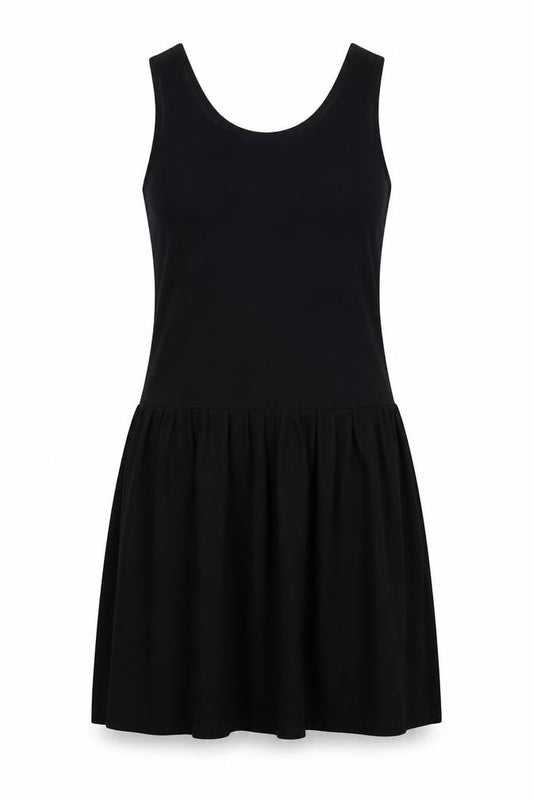 Front view of women’s black polyester tank dress, size UK 12, round neck