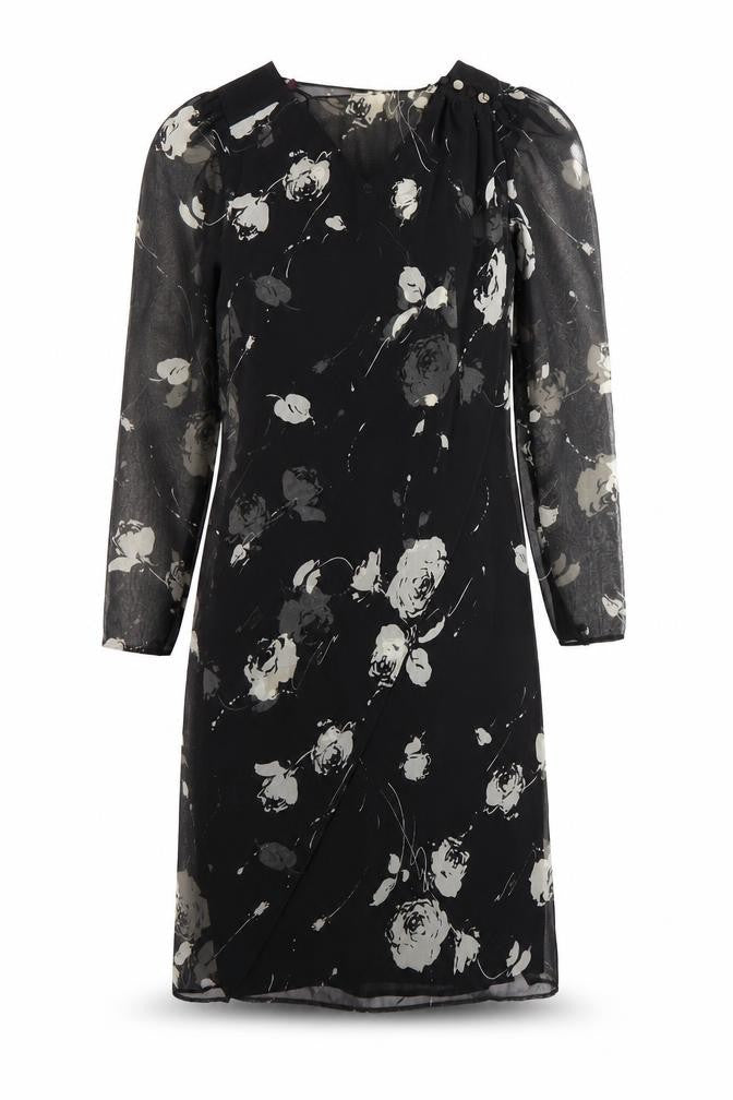 Front view of Frank Usher women’s multicoloured floral polyester shift, size UK 10, round neck