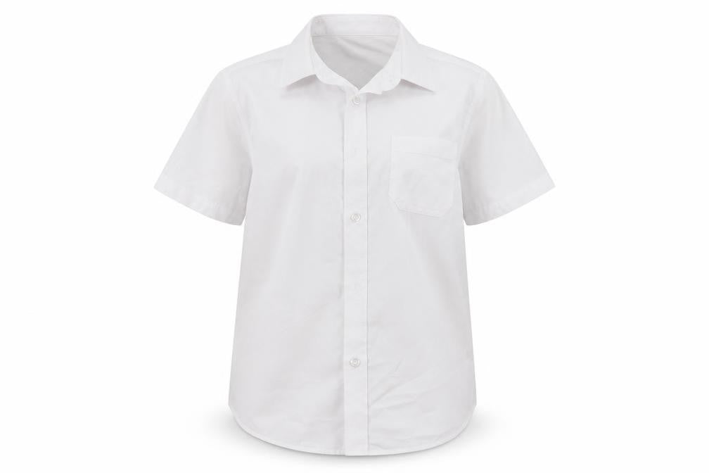 Front view of F&F boys’ white polyester basic button-up, size 9-10, years collared
