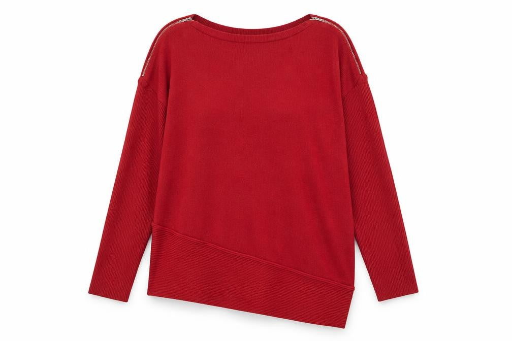 Front view of Bonmarché women’s red round neck viscose jumper, size UK 14