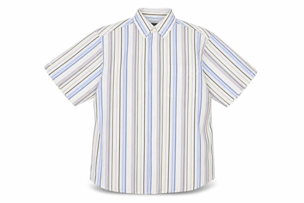 Front view of Lee Cooper men’s multicoloured striped cotton button-up, size M, collared