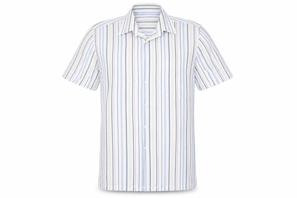 Front view of Duke men’s multicoloured striped polyester button-up, size M, collared