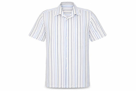 Front view of Duke men’s multicoloured striped polyester button-up, size M, collared