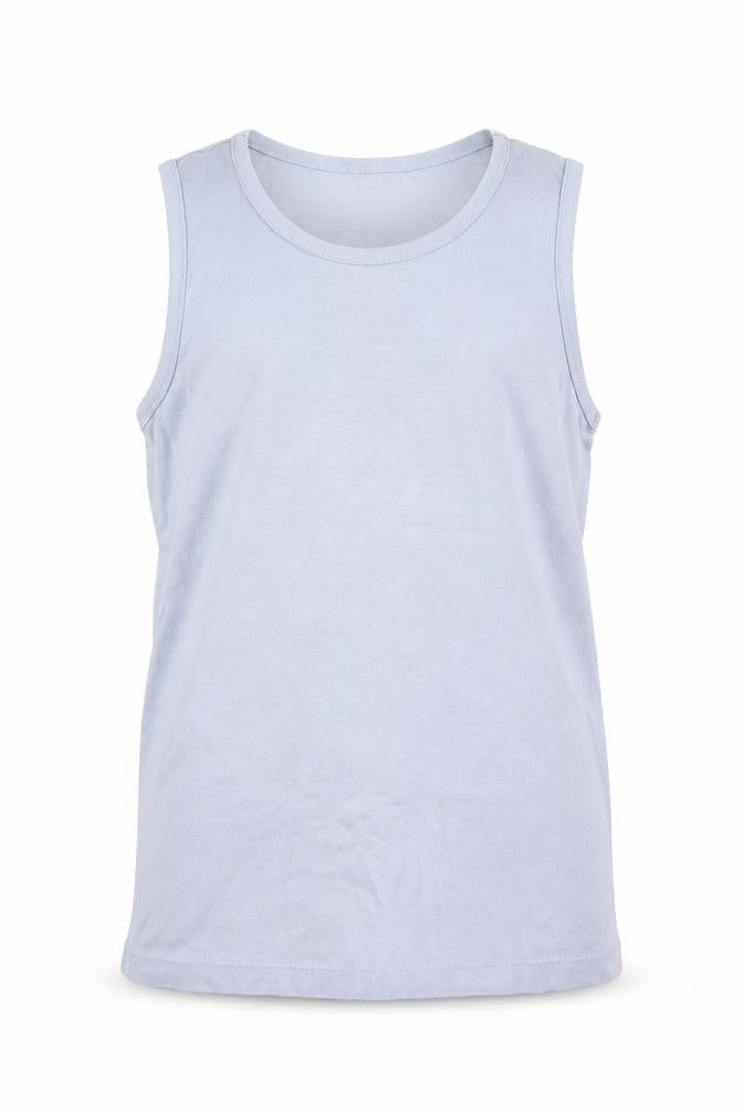 Front view of Marks & Spencer boys’ blue 100% cotton basic tank, size 9-10, years round neck