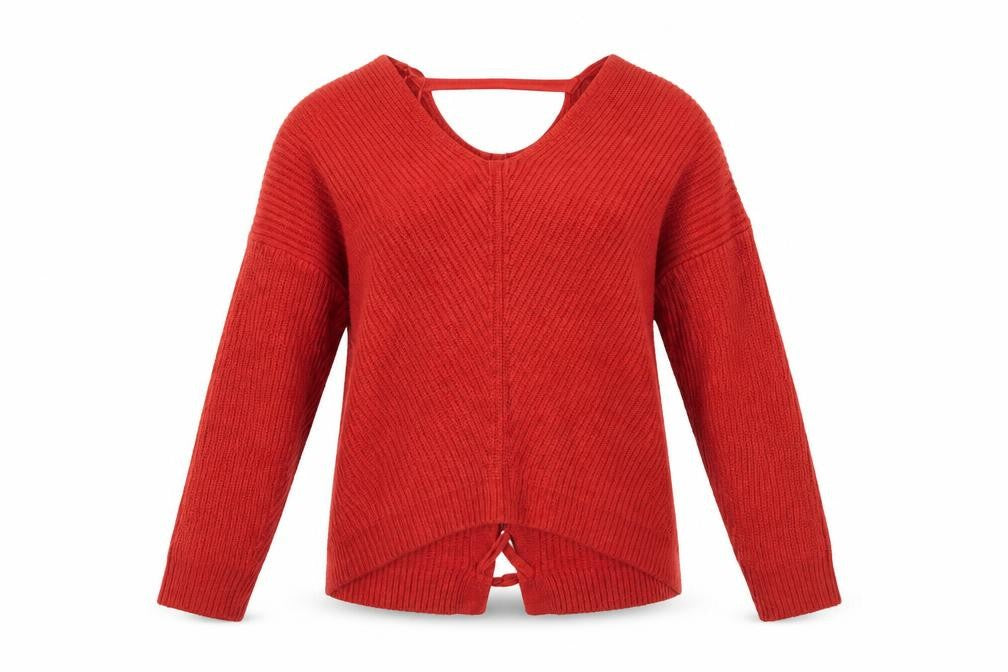 Front view of New Look women’s orange v-neck acrylic jumper, size M