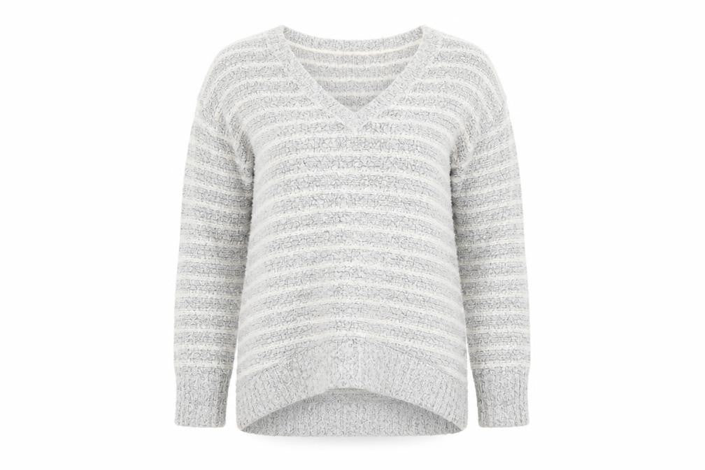 Front view of Originals women’s grey v-neck acrylic jumper, size M
