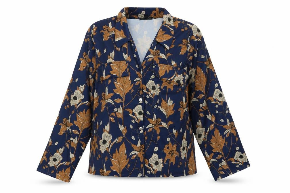 Front view of PRETTYLITTLETHING women’s blue floral polyester basic button-up, size UK 6, collared