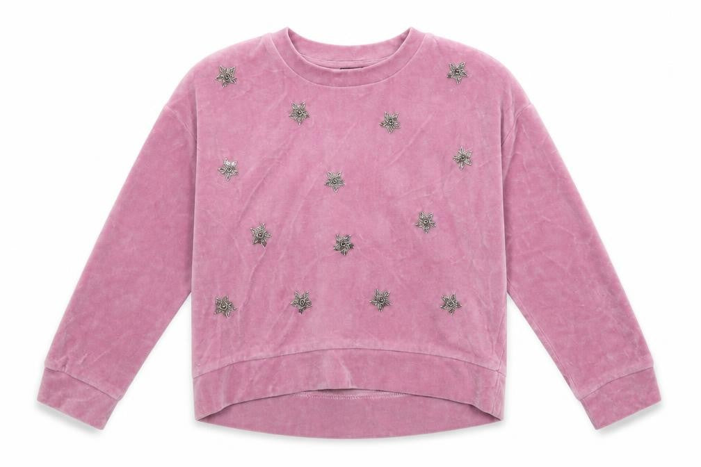 Front view of Next girls’ pink cotton pullover sweatshirt, size 6, years - snowflake pattern