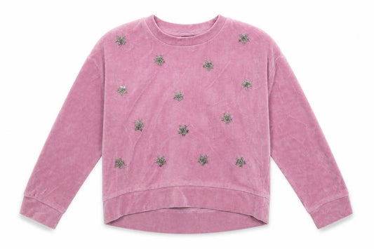 Front view of Next girls’ pink cotton pullover sweatshirt, size 6, years - snowflake pattern