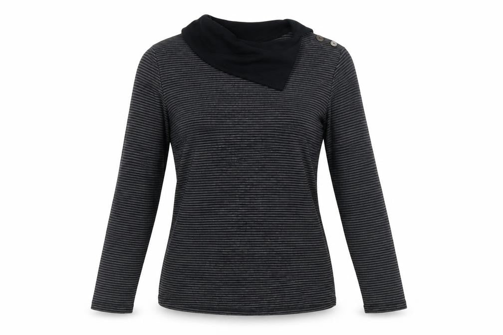 Front view of Marks & Spencer women’s grey striped cotton basic blouse, size UK 12, collared