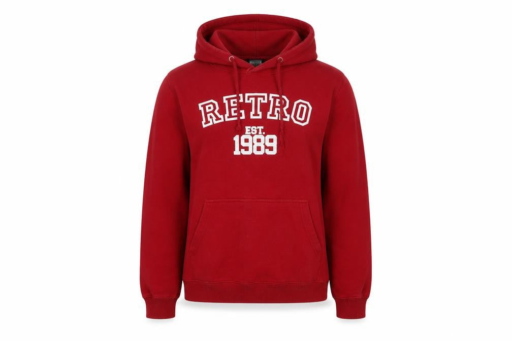 Front view of Awdis women’s red cotton pullover hoodie, size S