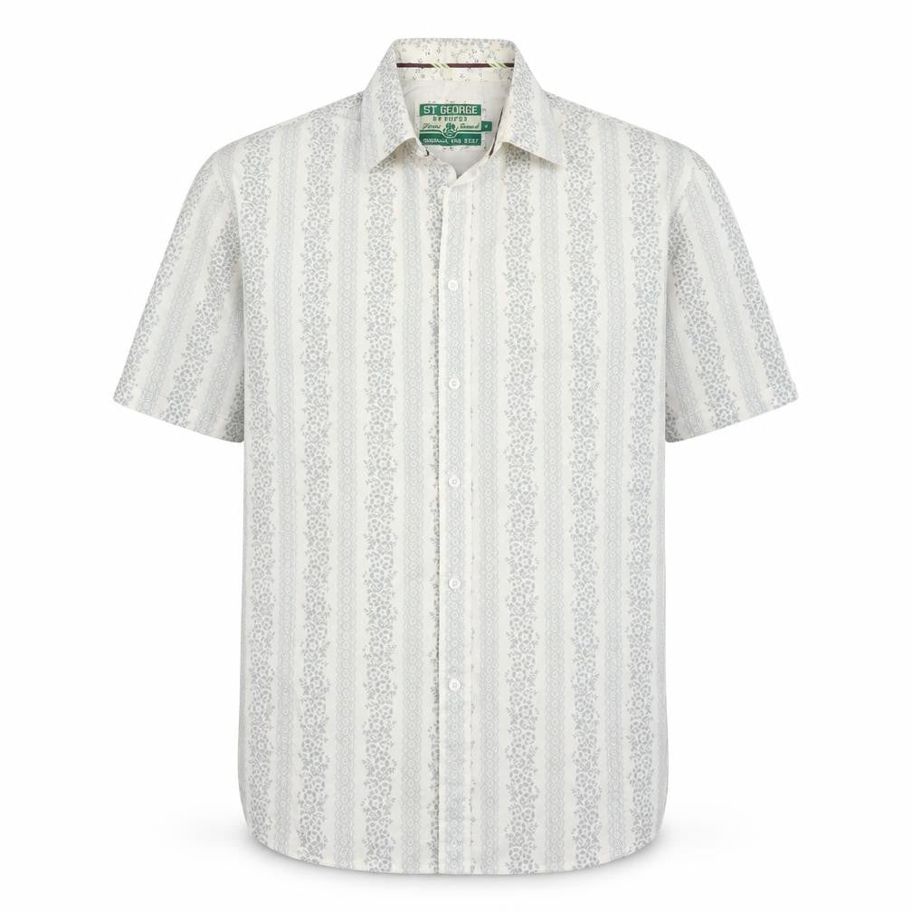 Front view of St George by Duffer men’s grey floral cotton button-up, size M, collared button
