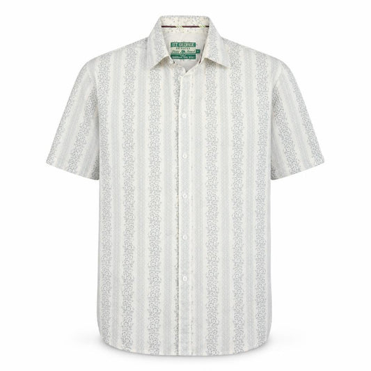 Front view of St George by Duffer men’s grey floral cotton button-up, size M, collared button