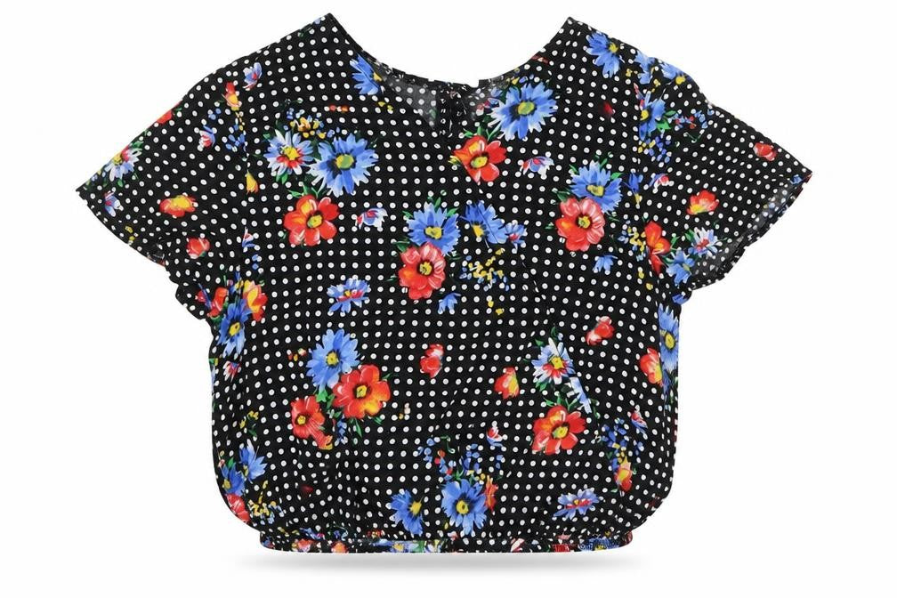 Front view of Primark girls’ multicoloured polka dot viscose basic blouse, size 9-10, years v-neck pullover - flowers
