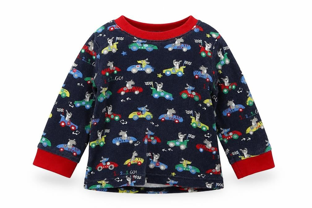 Front view of George boys’ blue solid cotton cami pyjama top, size 6-9, months pullover - racecars