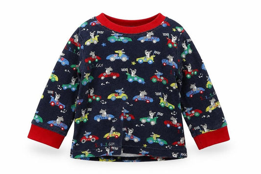 Front view of George boys’ blue solid cotton cami pyjama top, size 6-9, months pullover - racecars