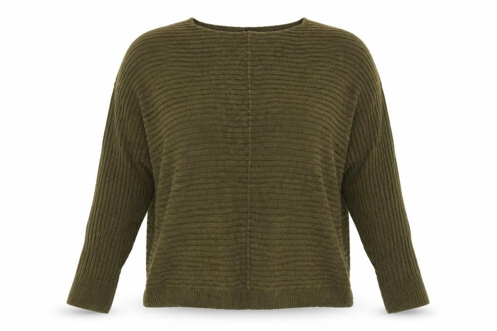 Front view of New Look women’s green round neck acrylic jumper, size S