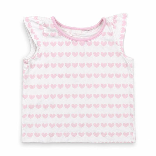 Front view of Debenhams girls’ pink geometric cotton basic tank, size 12-18, months round neck pullover - love hearts