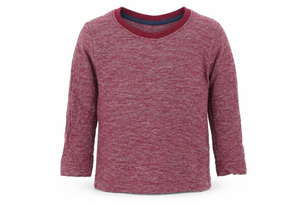 Front view of Matalan boys’ red striped cotton basic t-shirt, size 9-12, months round neck pullover