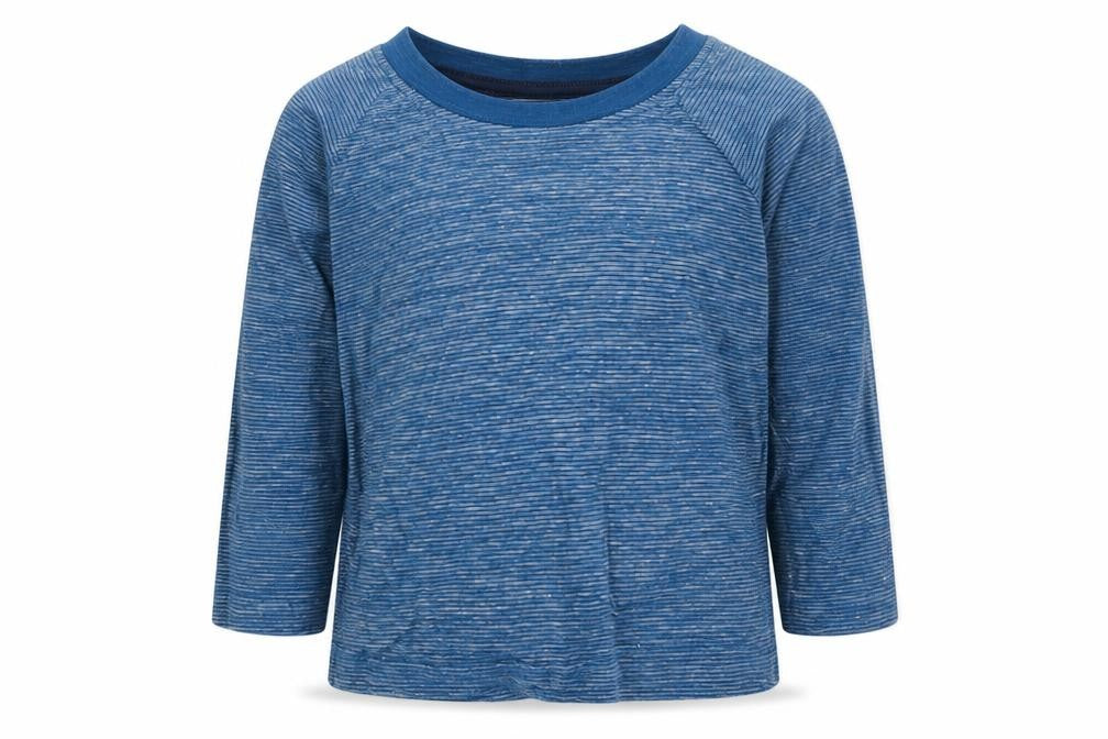 Front view of Matalan boys’ blue striped cotton basic t-shirt, size 9-12, months crew neck pullover