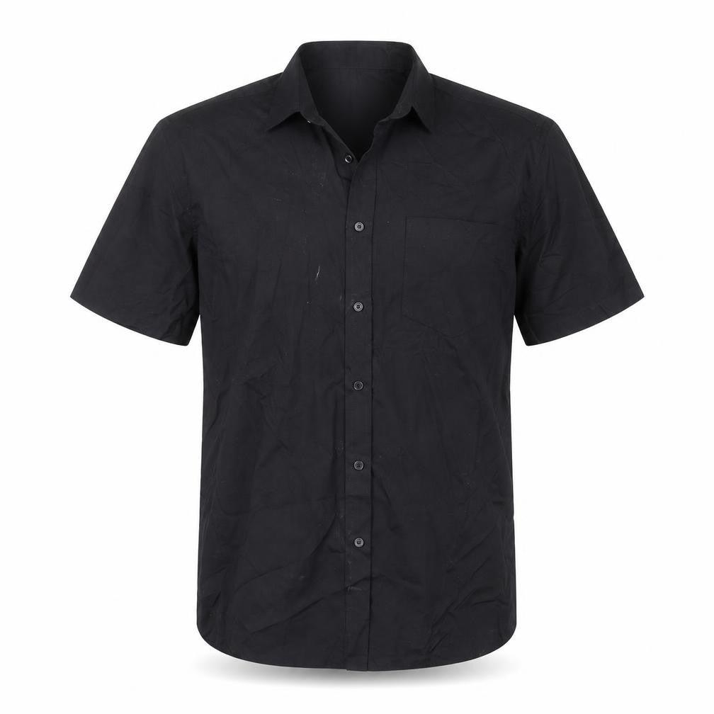 Front view of Taylor & Wright men’s black polyester button-up, size 16.5 collared button