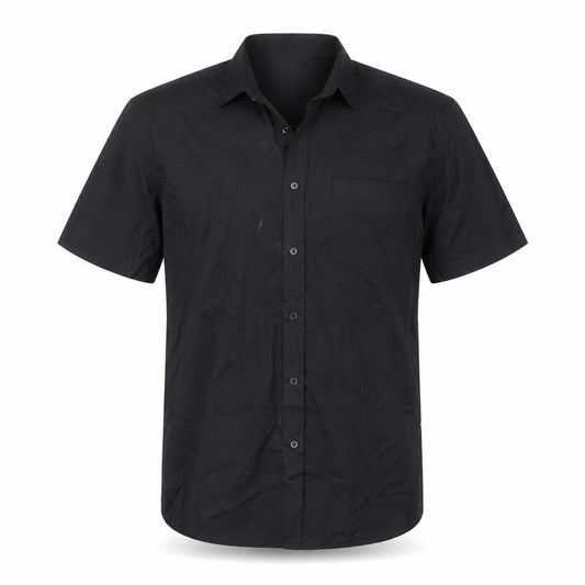 Front view of Taylor & Wright men’s black polyester button-up, size 16.5 collared button