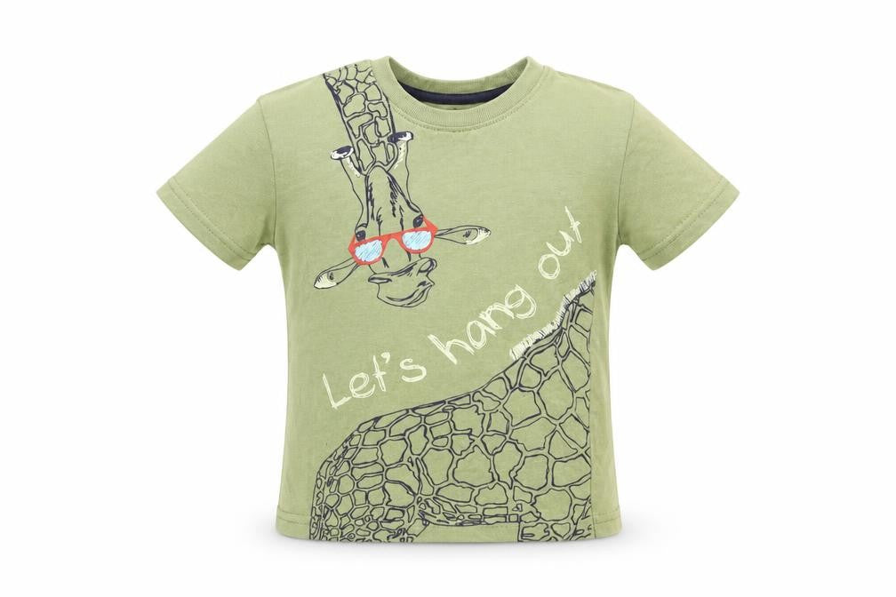 Front view of Primark Baby Green Cotton Basic T-Shirt, size 12-18, Months Round Neck - giraffe