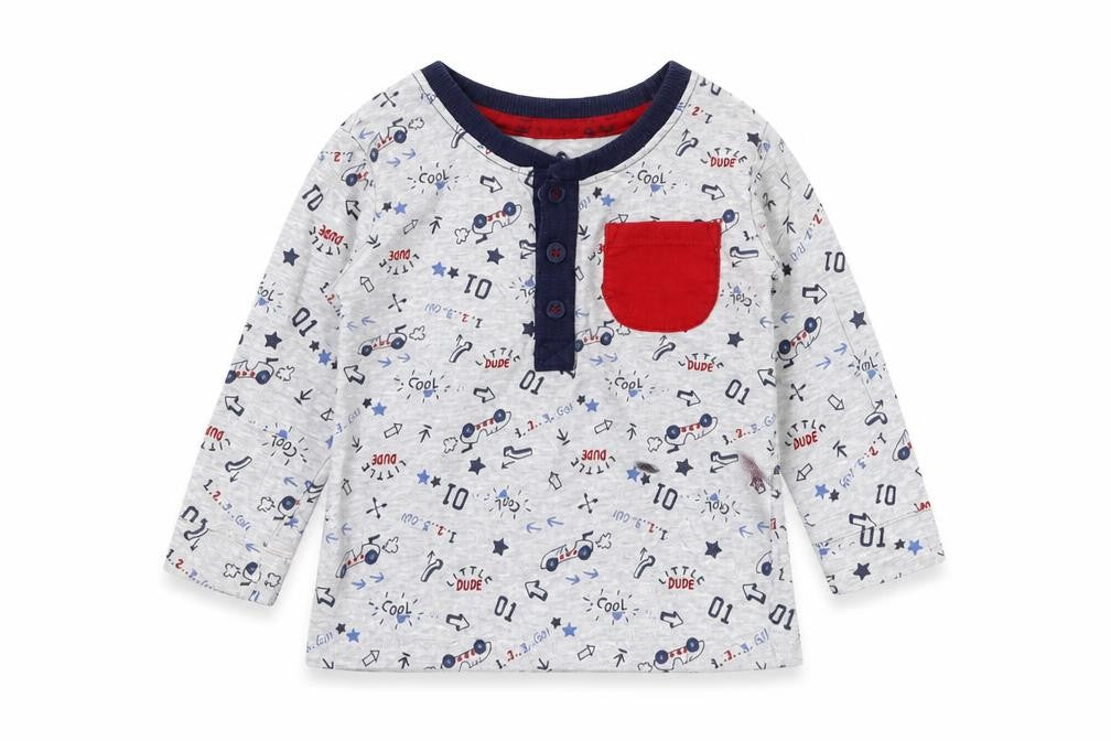 Front view of George boys’ grey cotton basic t-shirt, size 6-9, months round neck - car