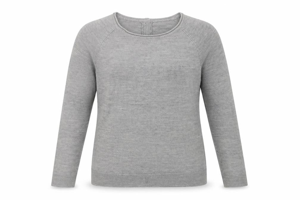 Front view of Primark women’s grey round neck acrylic jumper, size UK 12