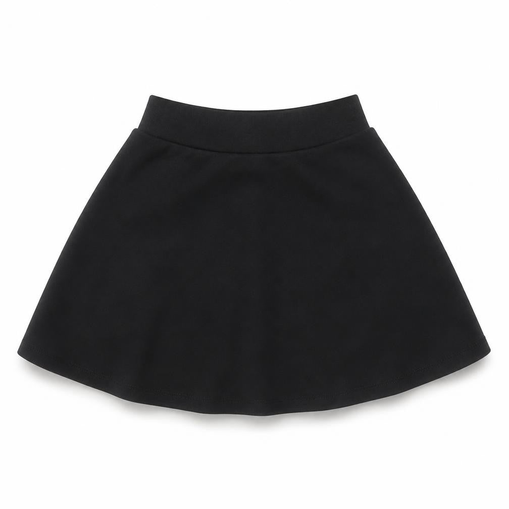 Front view of Next girls’ black polyester skater skirt, size 6, years regular - school