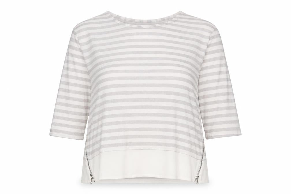 Front view of Primark women’s grey round neck striped viscose jumper, size UK 14