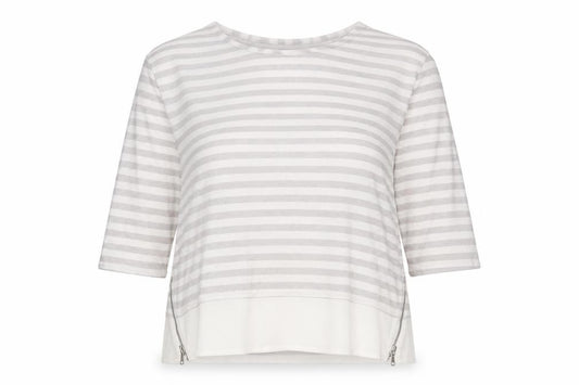 Front view of Primark women’s grey round neck striped viscose jumper, size UK 14