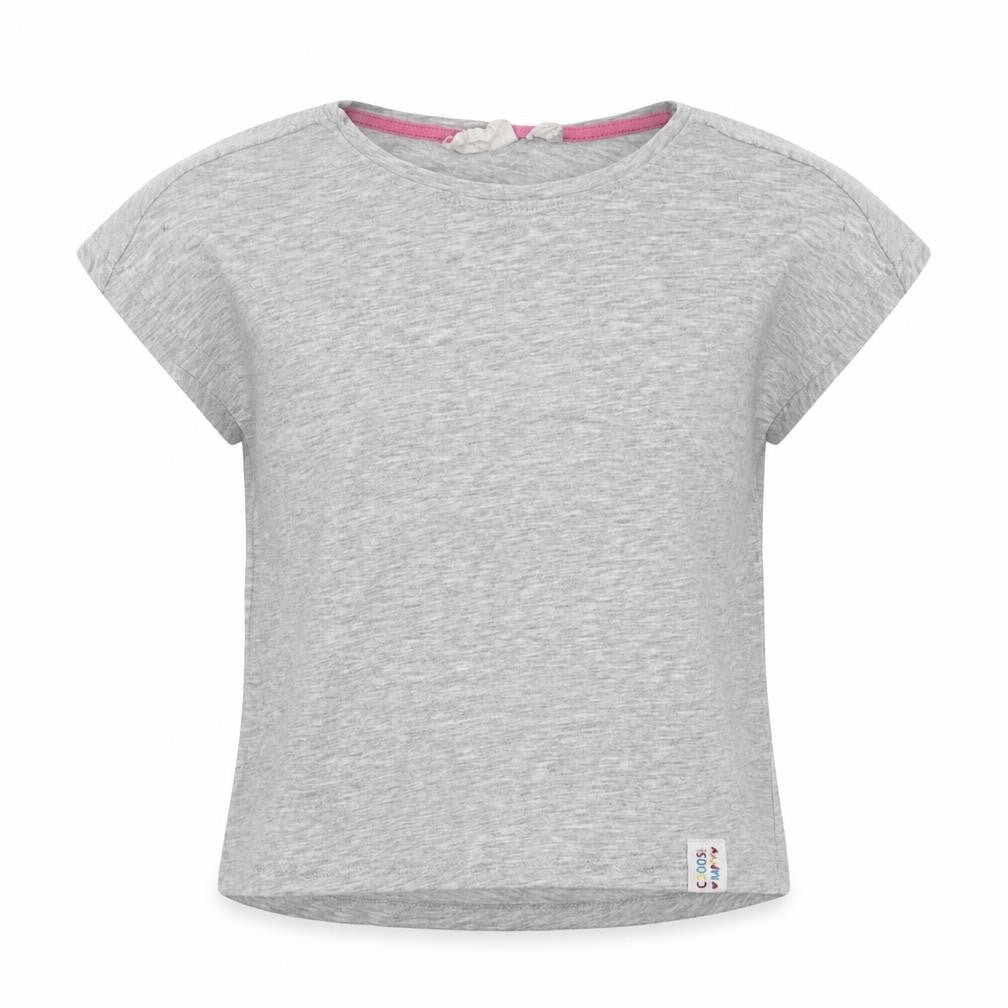 Front view of alive girls’ grey cotton basic t-shirt, size 7, years crew neck button